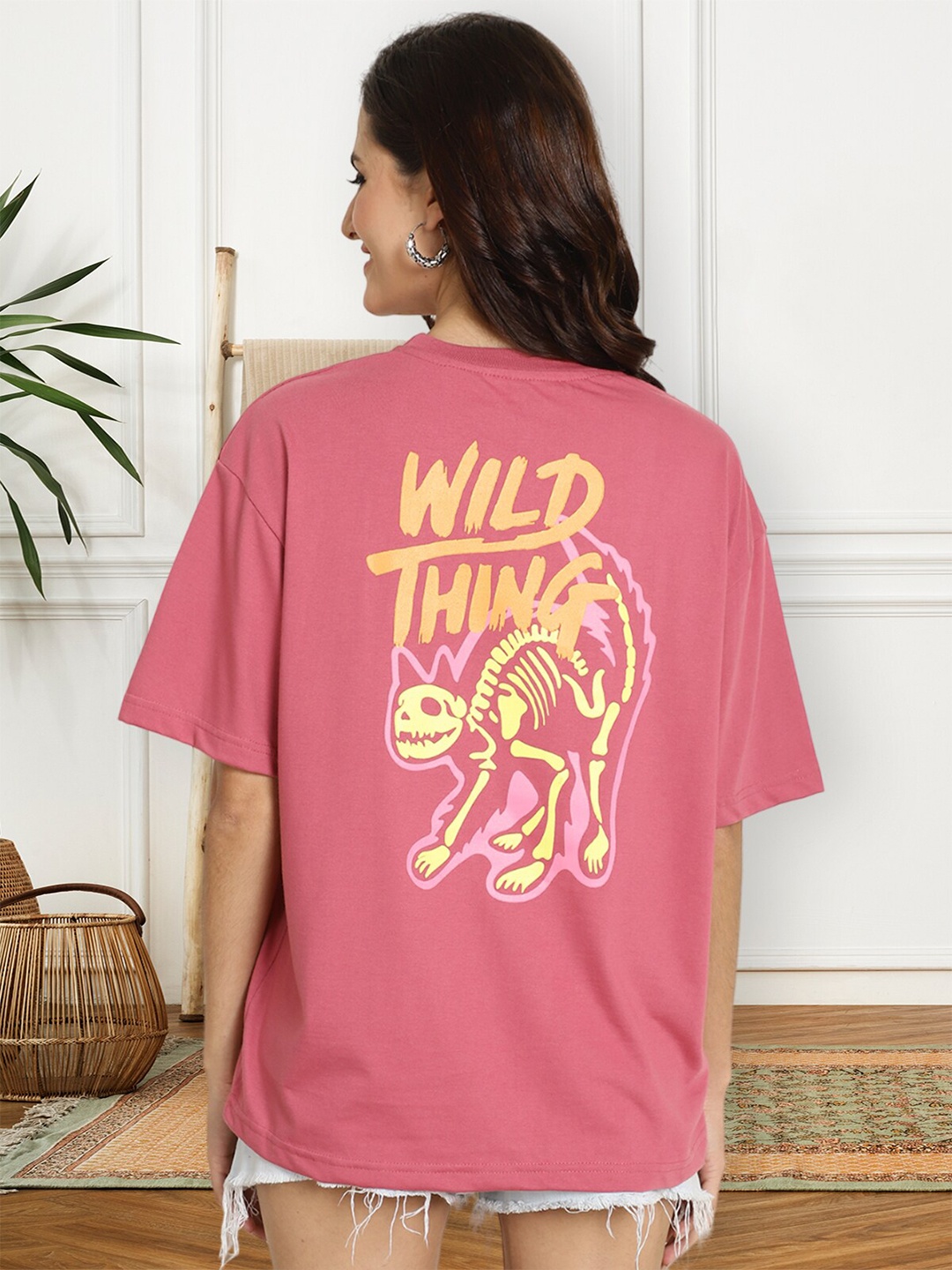 

Fabflee Graphic Printed Round Neck Drop-Shoulder Sleeves Cotton Oversized T-shirt, Pink