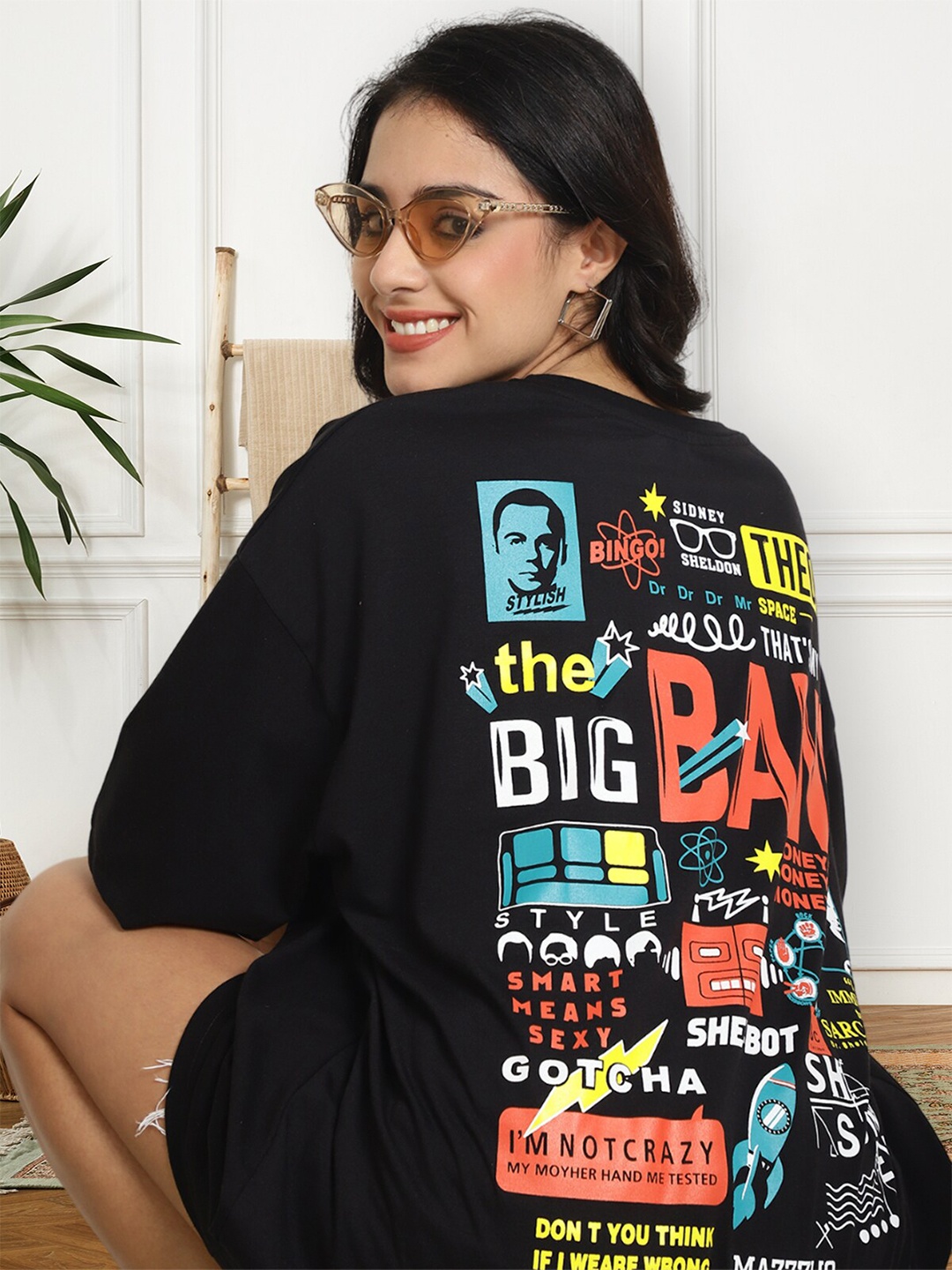 Fabflee Typography Printed Drop-Shoulder Sleeves Cotton Oversized T-shirt, Black