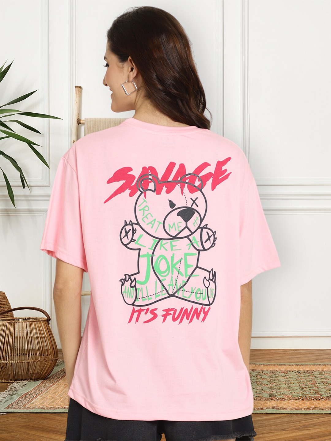 

Fabflee Graphic Printed Drop-Shoulder Sleeves Cotton Oversized T-shirt, Pink