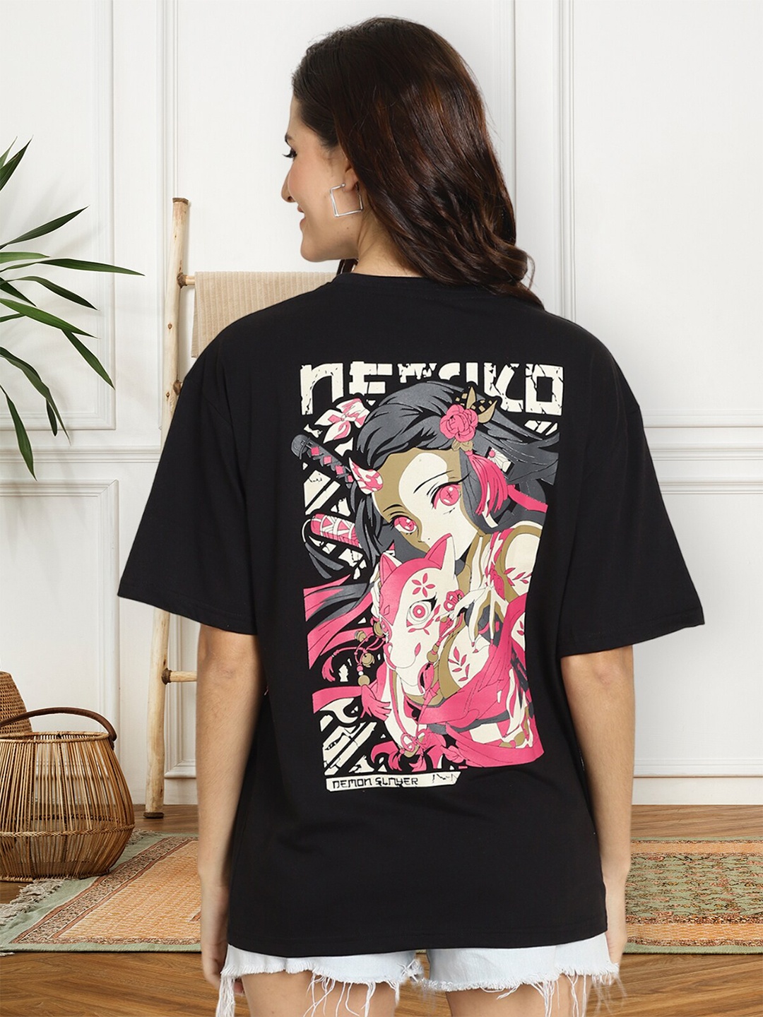 

Fabflee Demon Slayer Printed Oversized Cotton T-shirt, Black