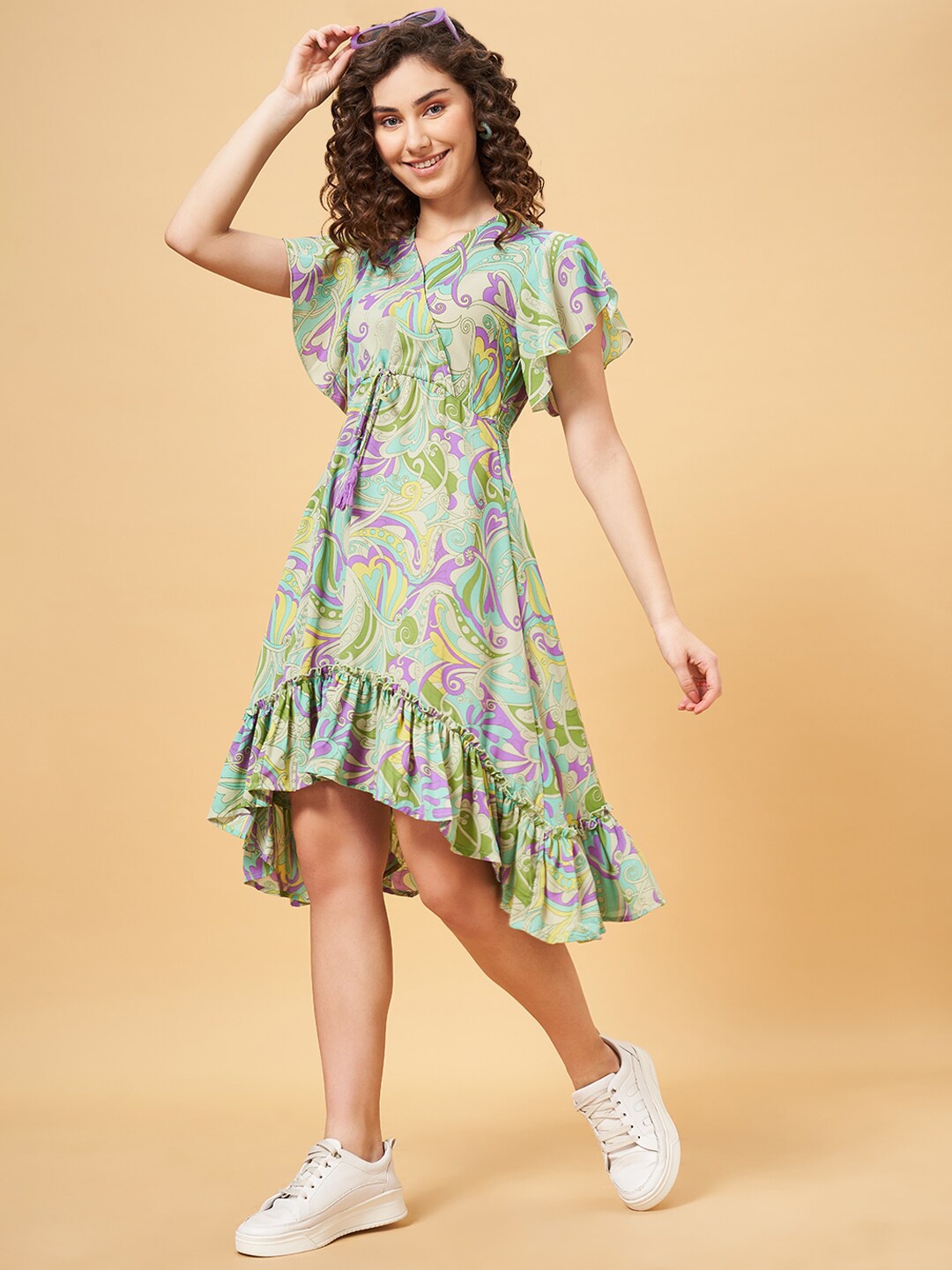 

YU by Pantaloons Floral Printed Flutter Sleeves Ruffles A-Line High Low Dress, Green