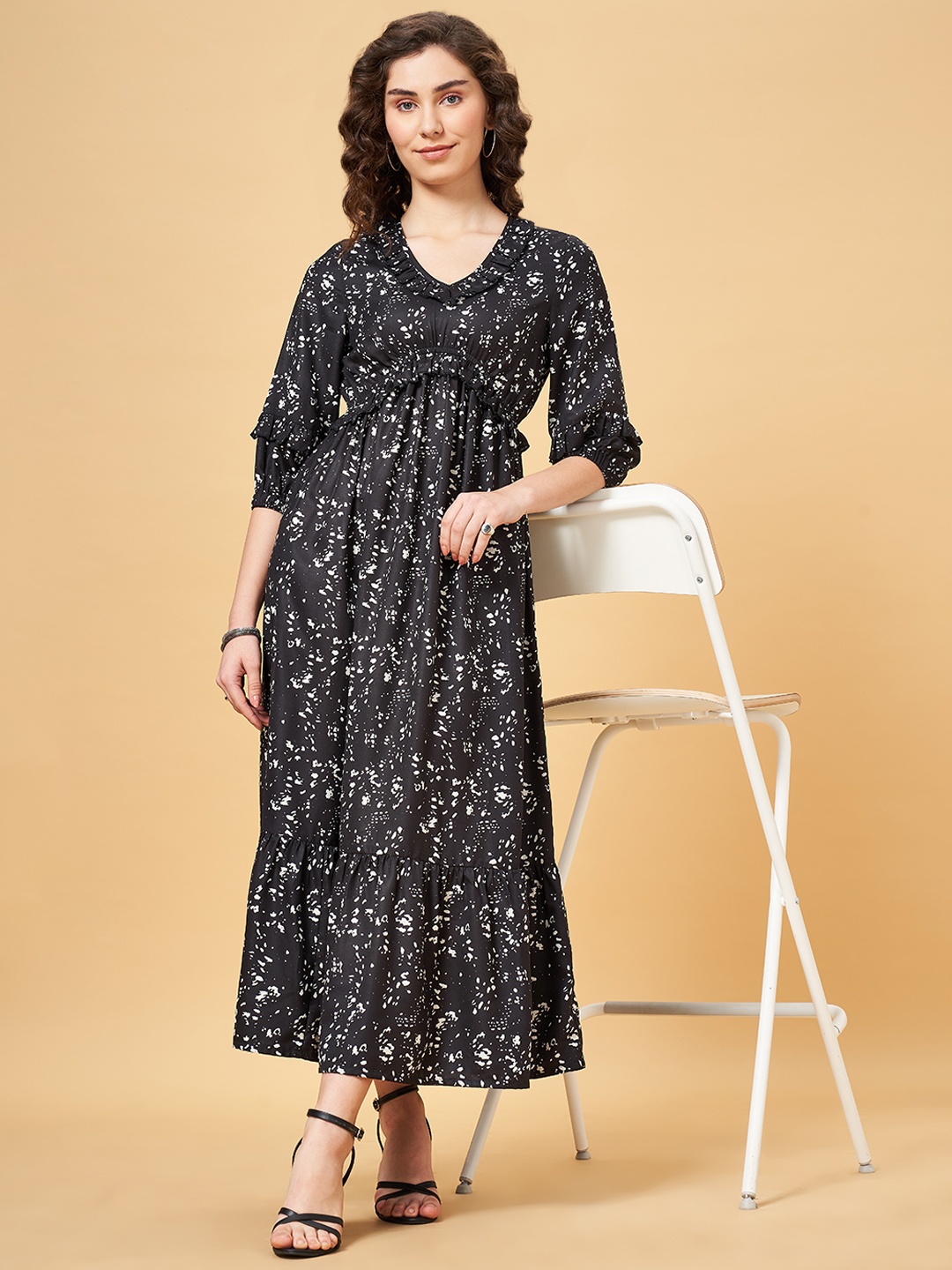 

YU by Pantaloons Abstract Printed Puff Sleeve Ruffles Empire Maxi Dress, Black