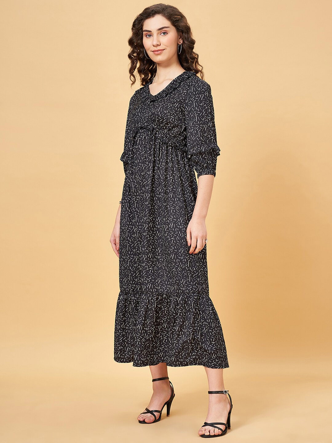 

YU by Pantaloons Abstract Printed Puff Sleeve Ruffles Empire Maxi Dress, Black