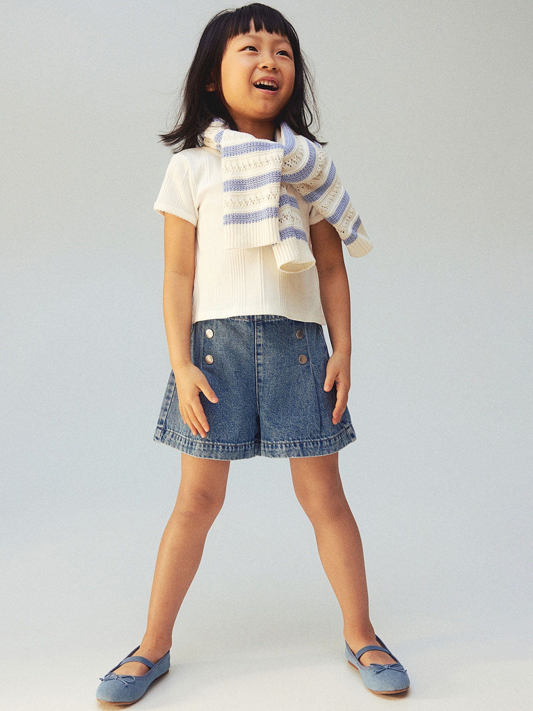 

H&M Girls Pleat-Detail Denim Shorts, Navy blue