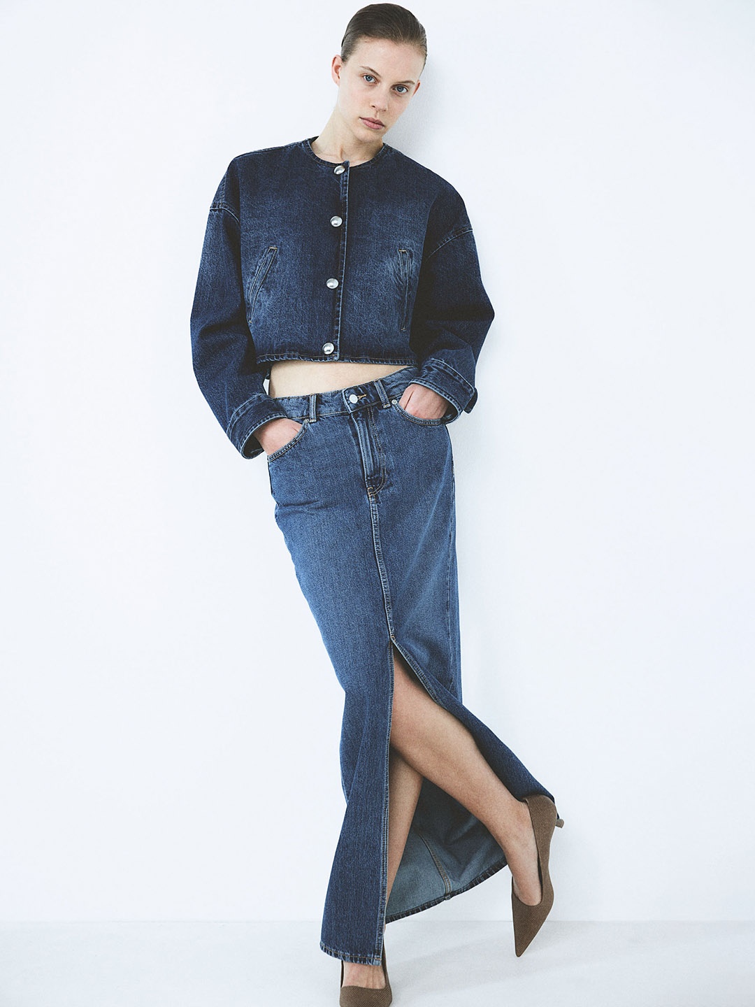 

H&M Cotton Oversized Button-Front Denim Jacket, Navy blue