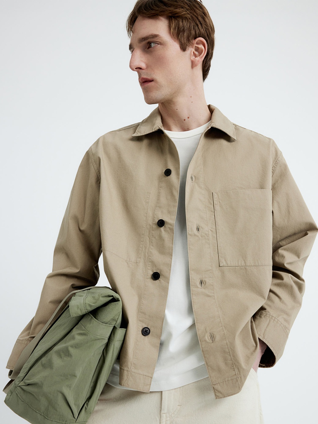 

H&M Pure Cotton Loose Fit Twill Overshirt, Beige