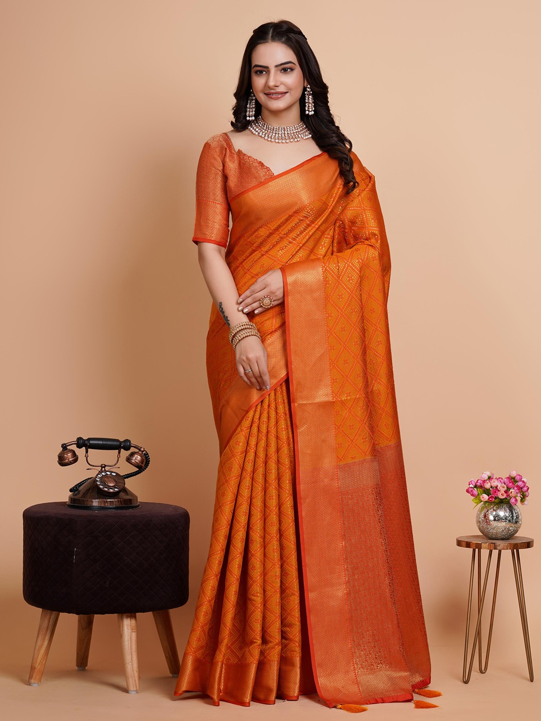 

HERE&NOW Orange Coloured Woven Design Zari Banarasi Saree