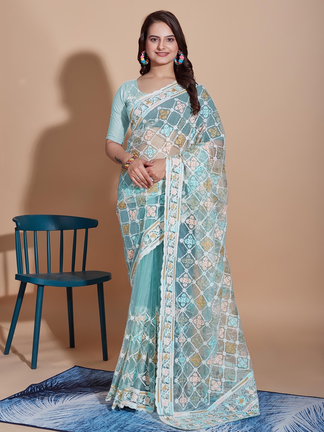 

HERE&NOW Floral Embroidered Net Saree, Turquoise blue