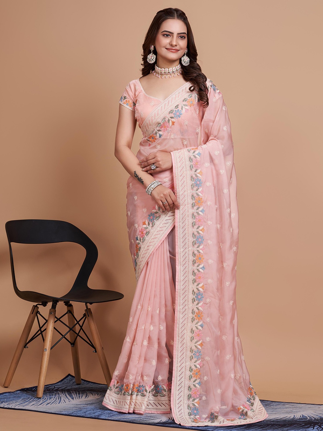 

HERE&NOW Floral Embroidered Organza Saree, Peach