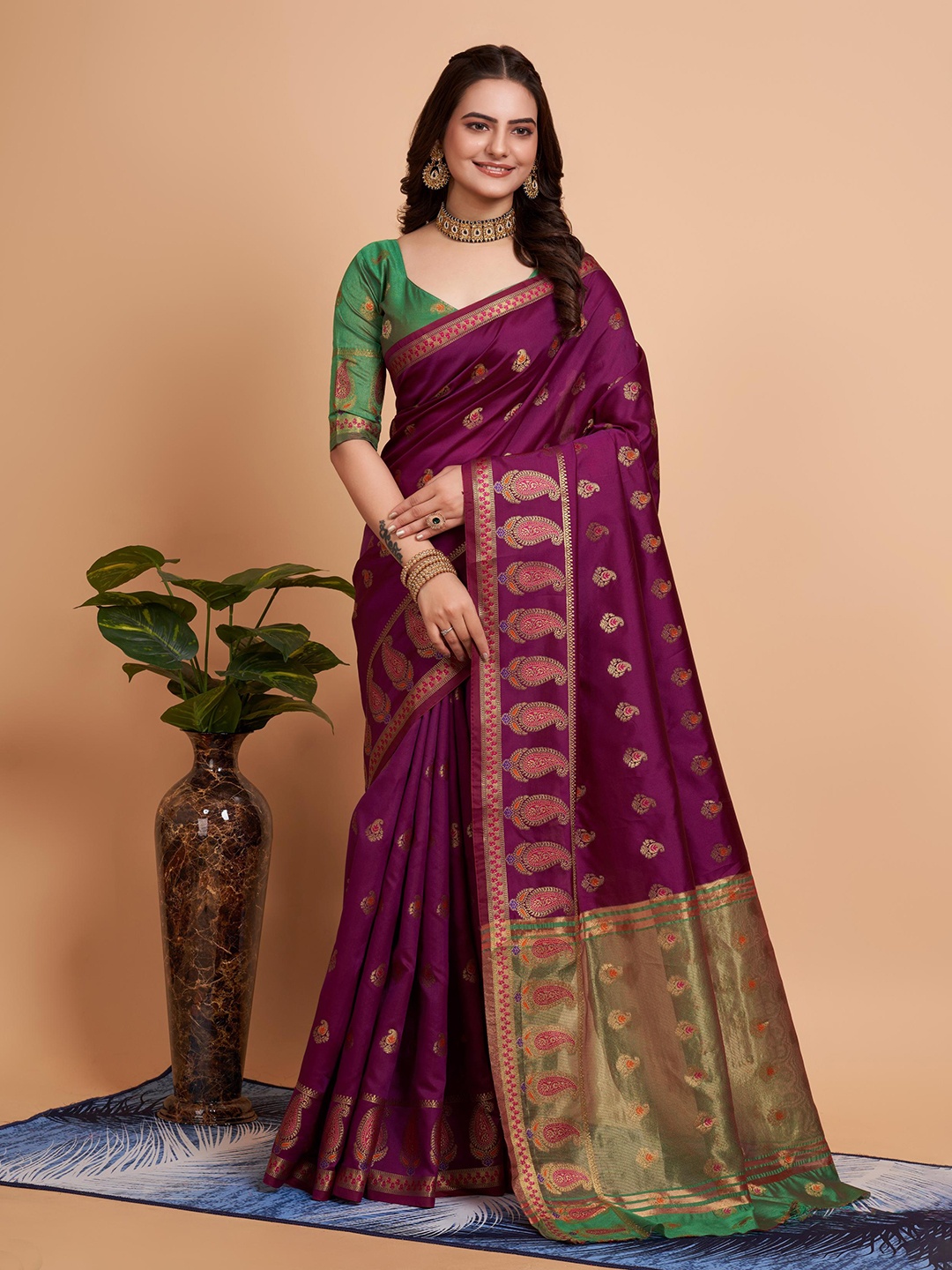 

HERE&NOW Woven Design Zari Banarasi Saree, Purple