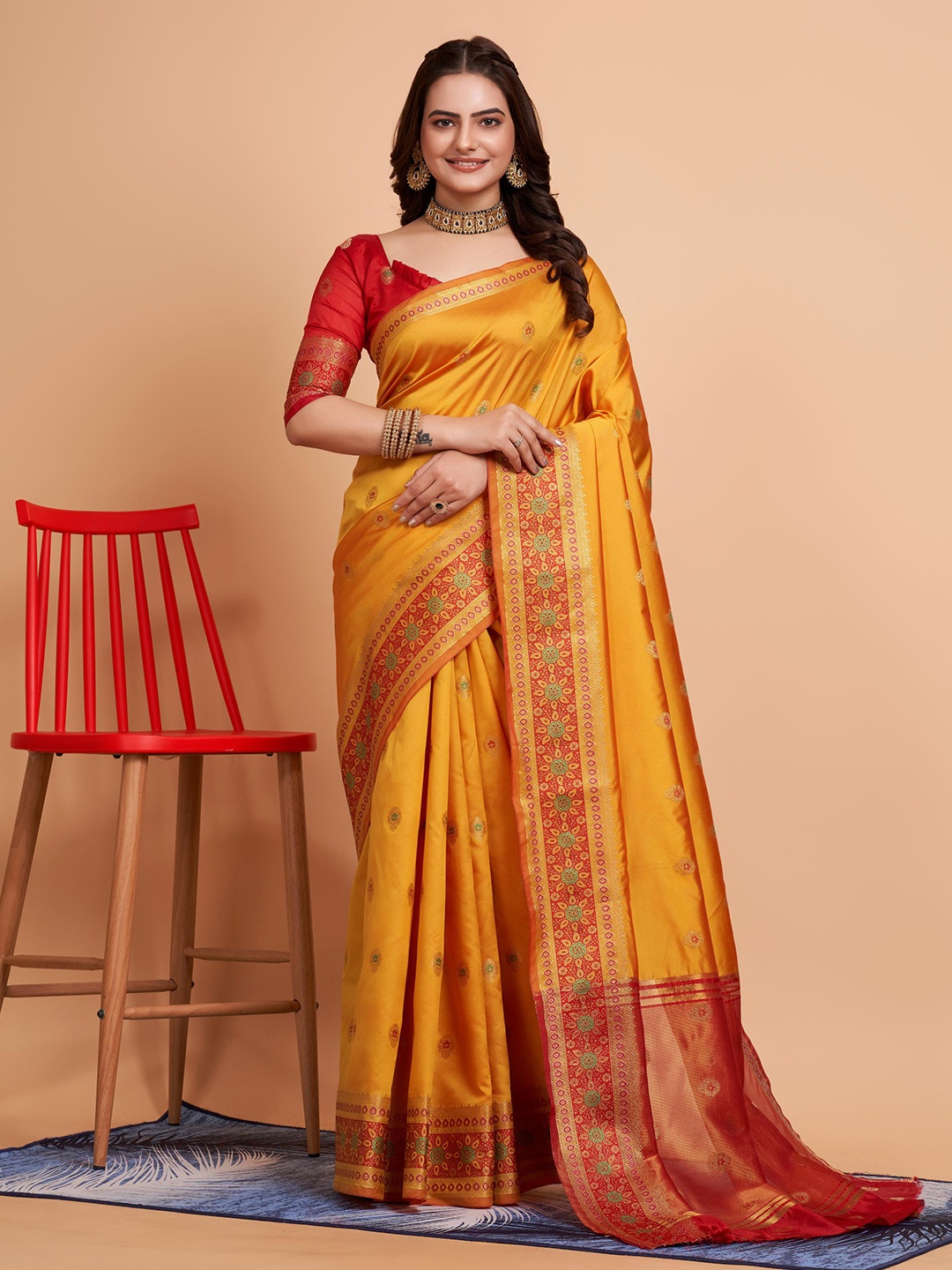 

HERE&NOW Yellow Ethnic Motif Woven Design Zari Banarasi Saree