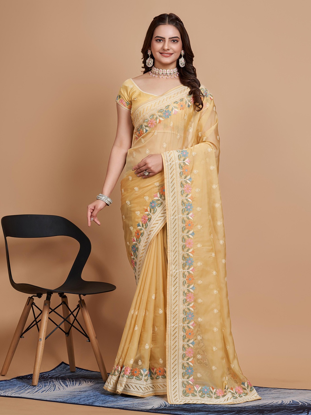 

HERE&NOW Floral Embroidered Organza Saree, Yellow