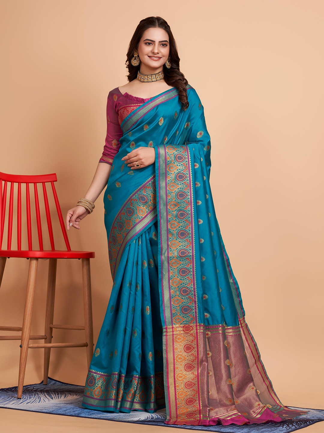 

HERE&NOW Blue Ethnic Motif Woven Design Zari Banarasi Saree