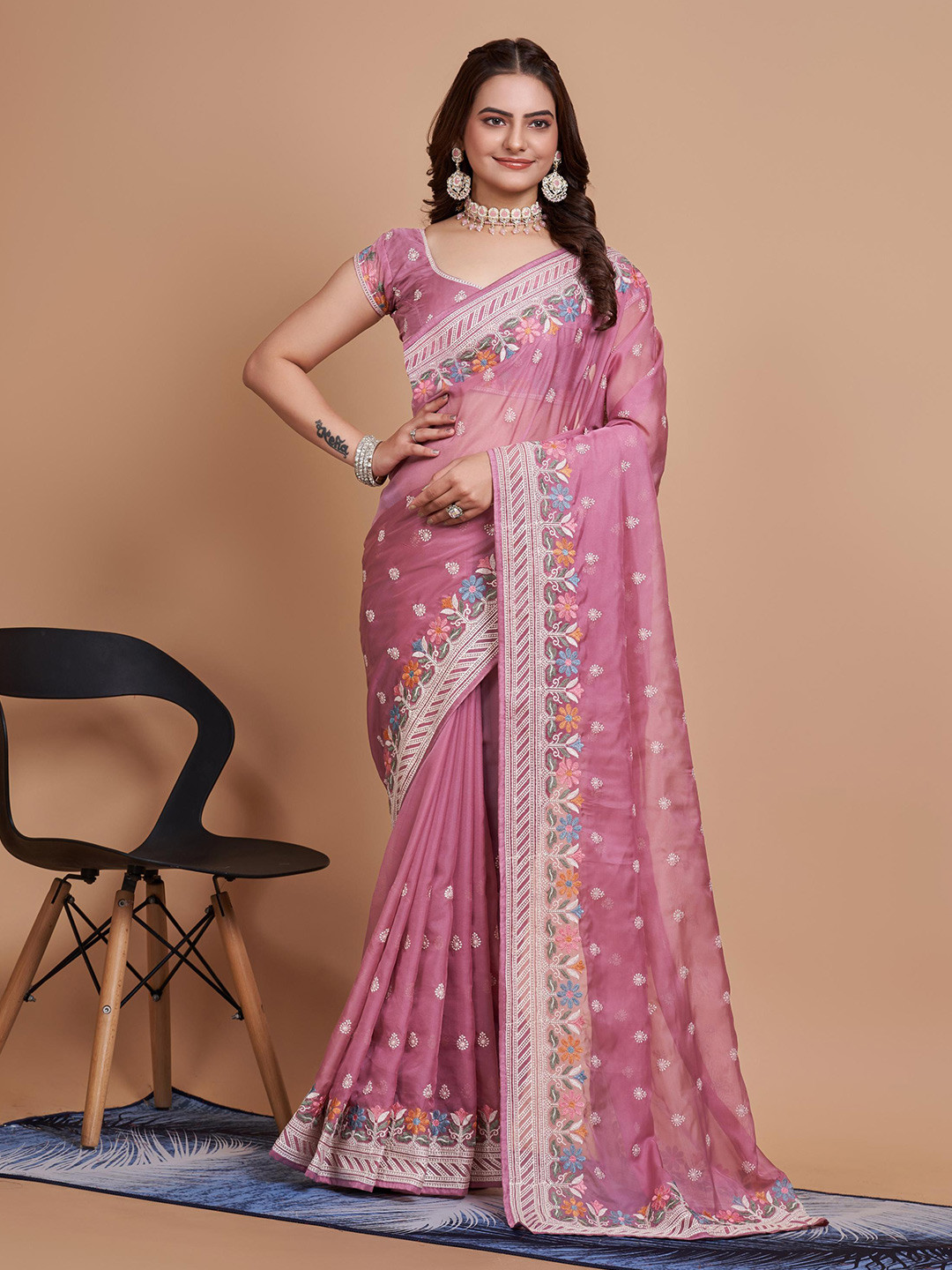 

HERE&NOW Floral Embroidered Organza Saree, Mauve