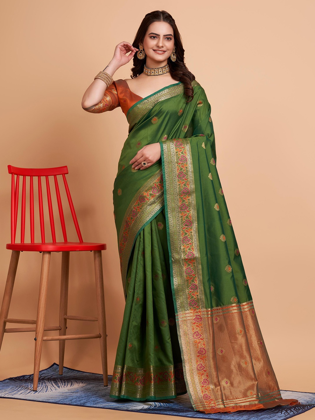 

HERE&NOW Green Ethnic Motif Woven Design Zari Banarasi Saree
