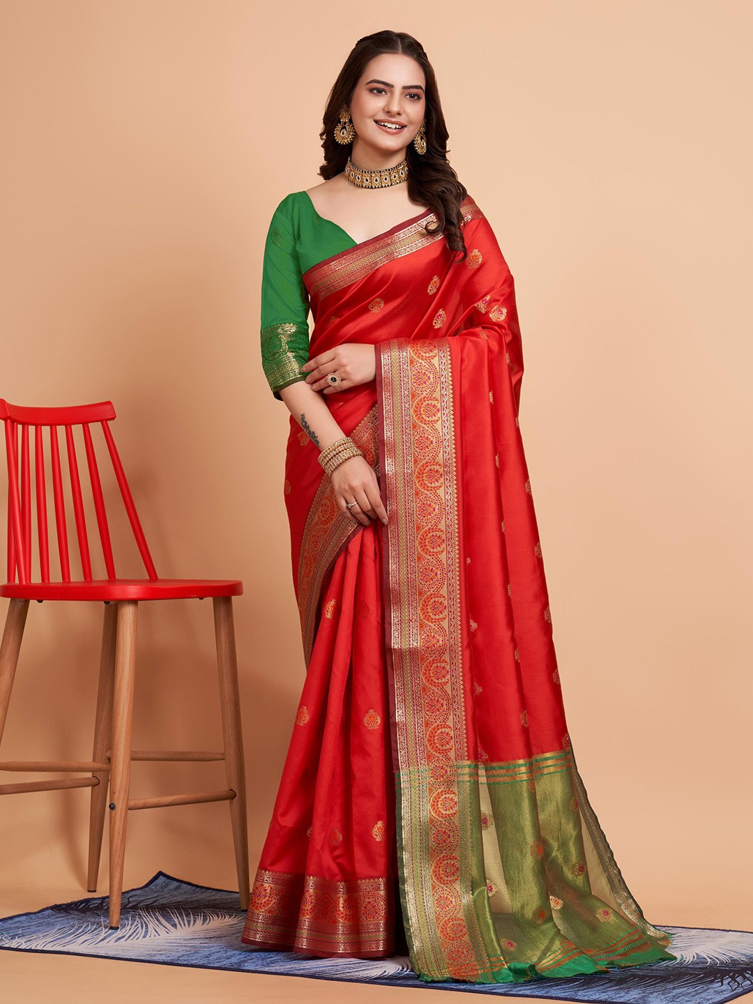 

HERE&NOW Red Ethnic Motif Woven Design Zari Banarasi Saree