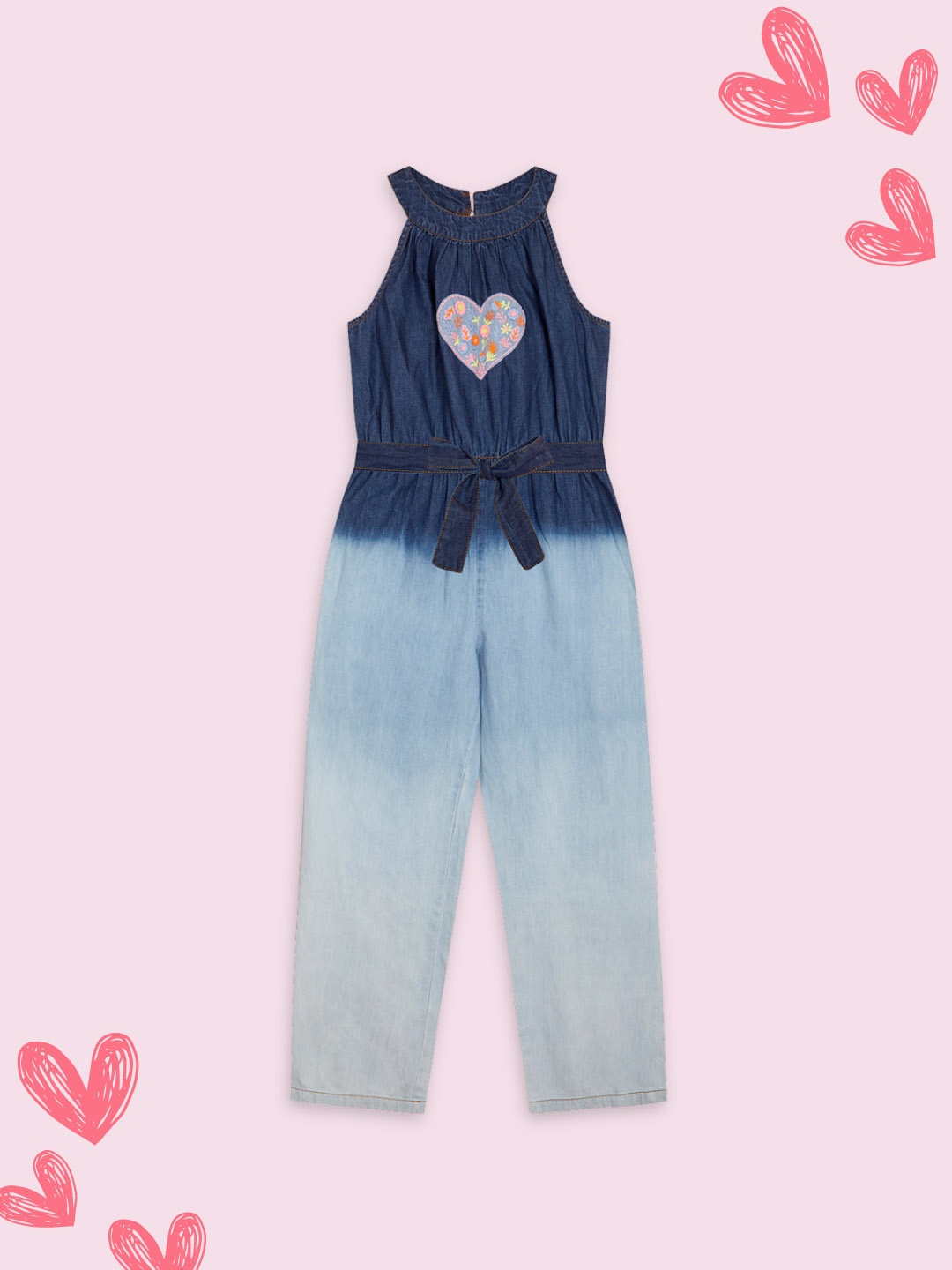 

Budding Bees Girls Dyed Embroidered Halter Neck Basic Jumpsuit, Blue