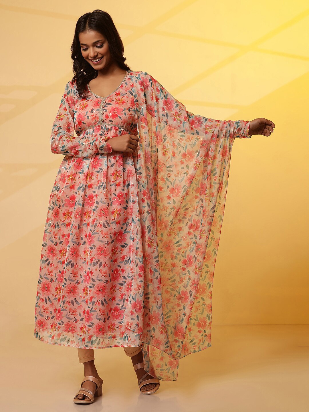 

AURELIA Floral Printed Organza Dupatta, Red