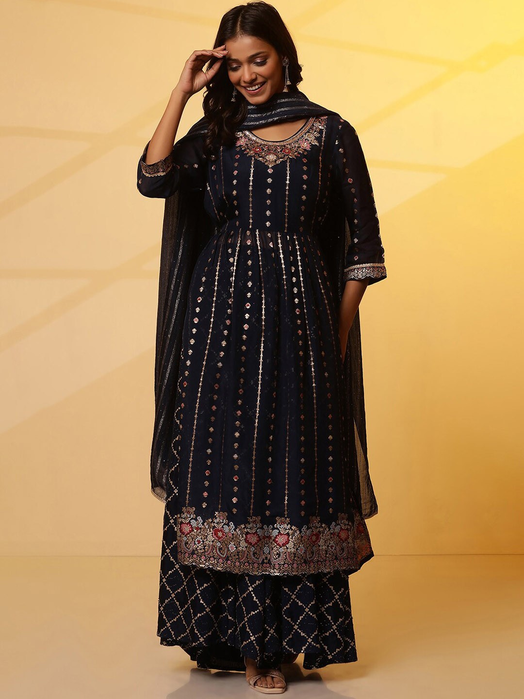 

AURELIA Ethnic Motifs Pleated Sequinned Kurta with Palazzos & Dupatta, Navy blue