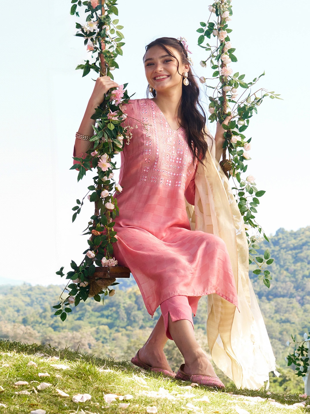 

AURELIA Ethnic Motifs Yoke Design Regular Mirror Work Kurta with Trousers & With Dupatta, Pink