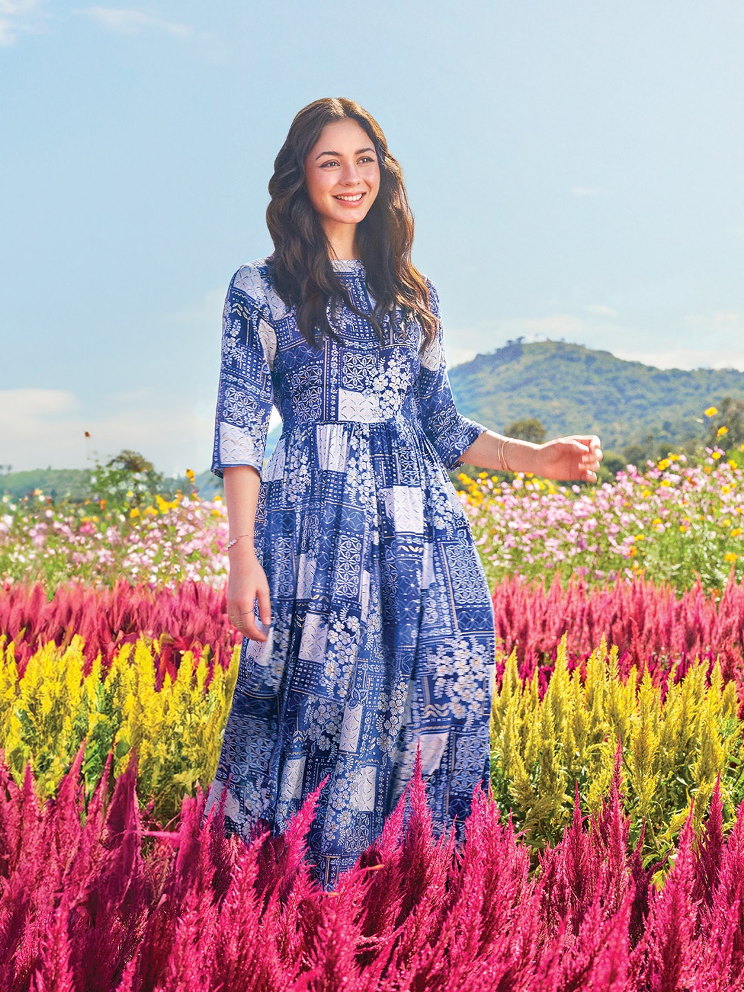 

AURELIA Ethnic Motifs Printed Flared Straight Kurta, Blue