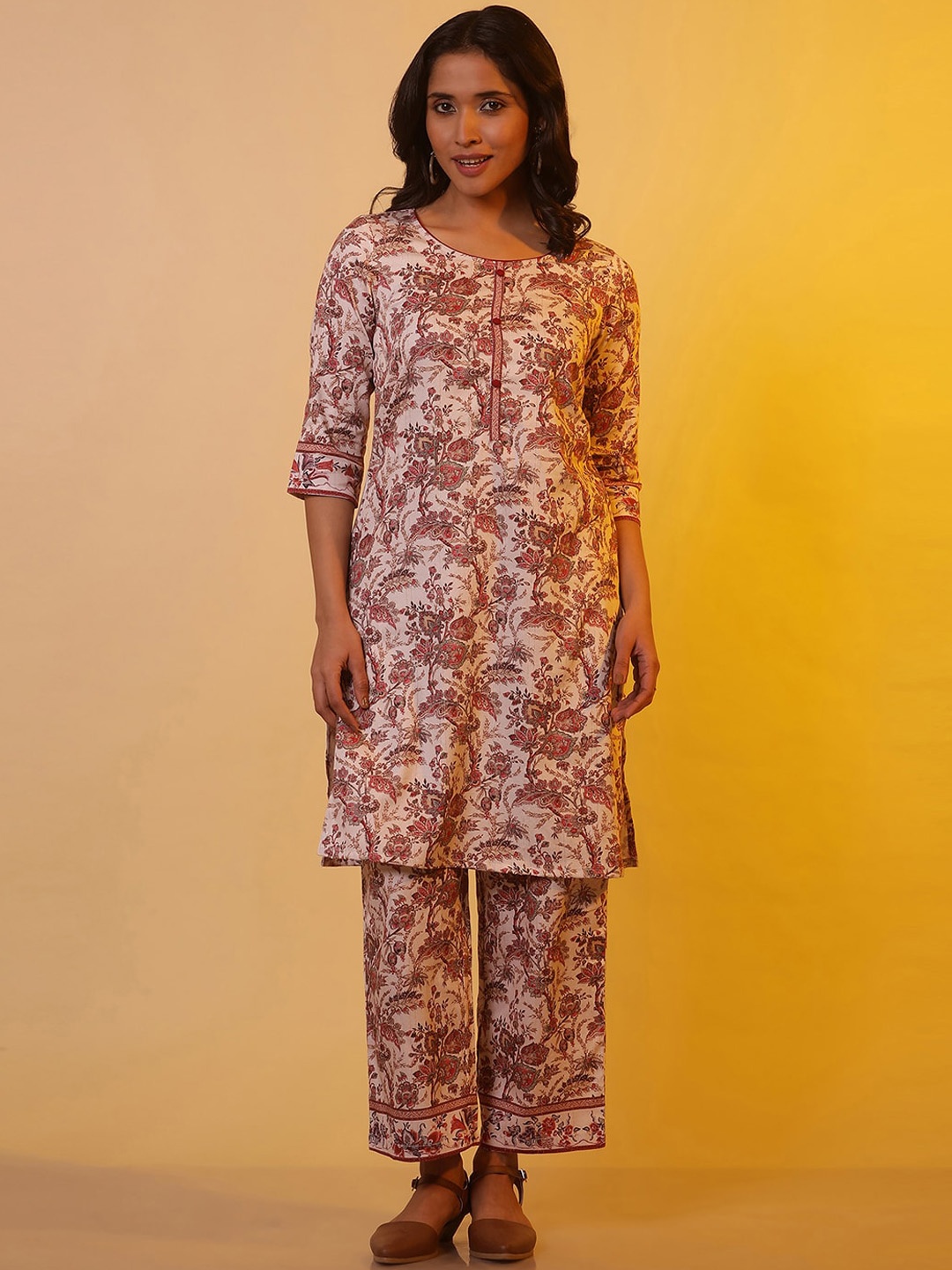 

AURELIA Floral Printed Pure Cotton Kurta with Palazzo, Beige