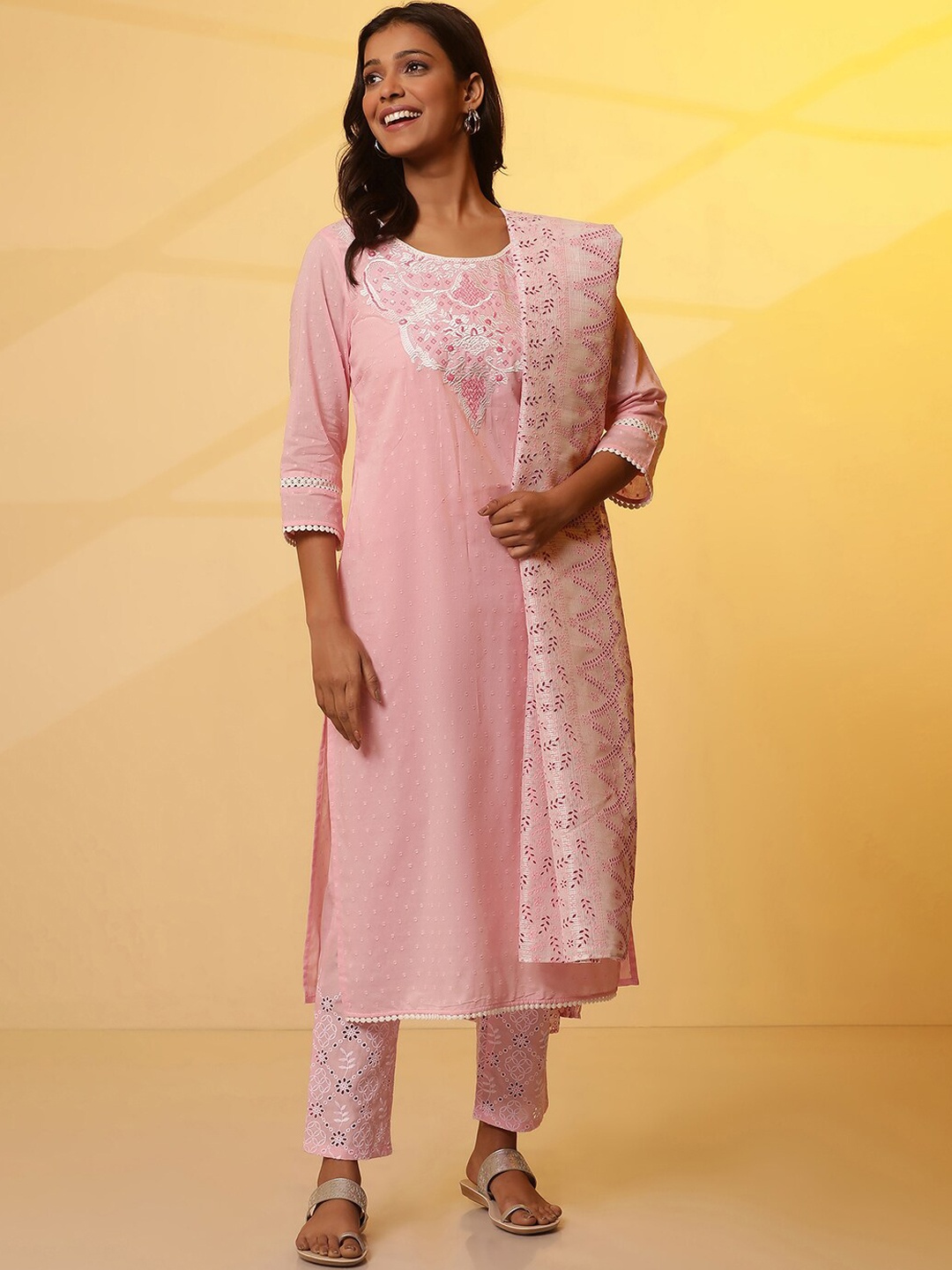 

AURELIA Floral Yoke Designed Regular Sequinned Pure Cotton Kurta with Trousers & Dupatta, Pink