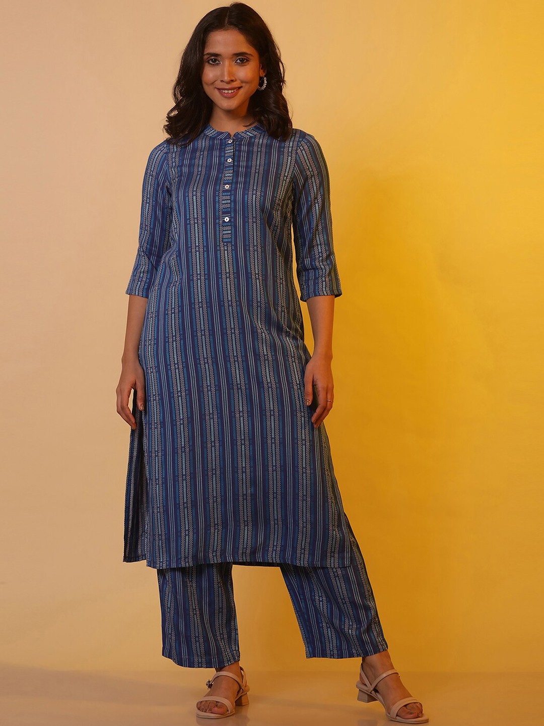 

AURELIA Striped Regular Kurta with Trousers, Navy blue