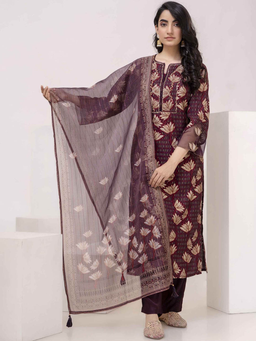 

Nehamta Floral Printed Sequinned Straight Kurta With Trousers & Dupatta, Purple