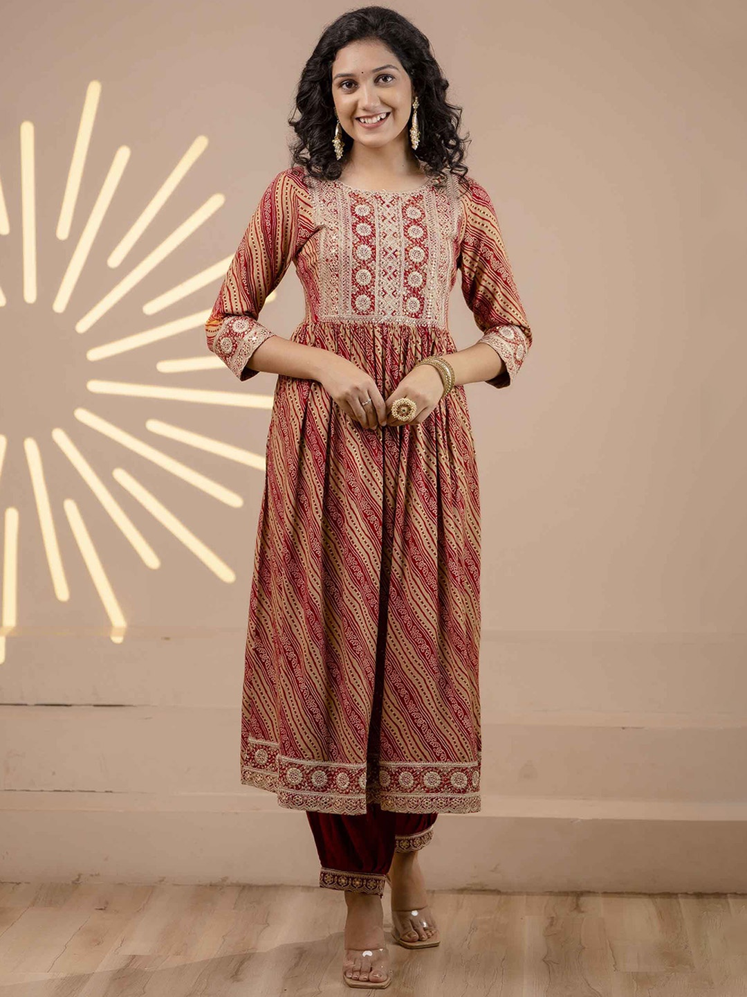 

Nehamta Bandhani Printed Mirror Work Anarkali Kurta With Trousers & Dupatta With Potli, Red