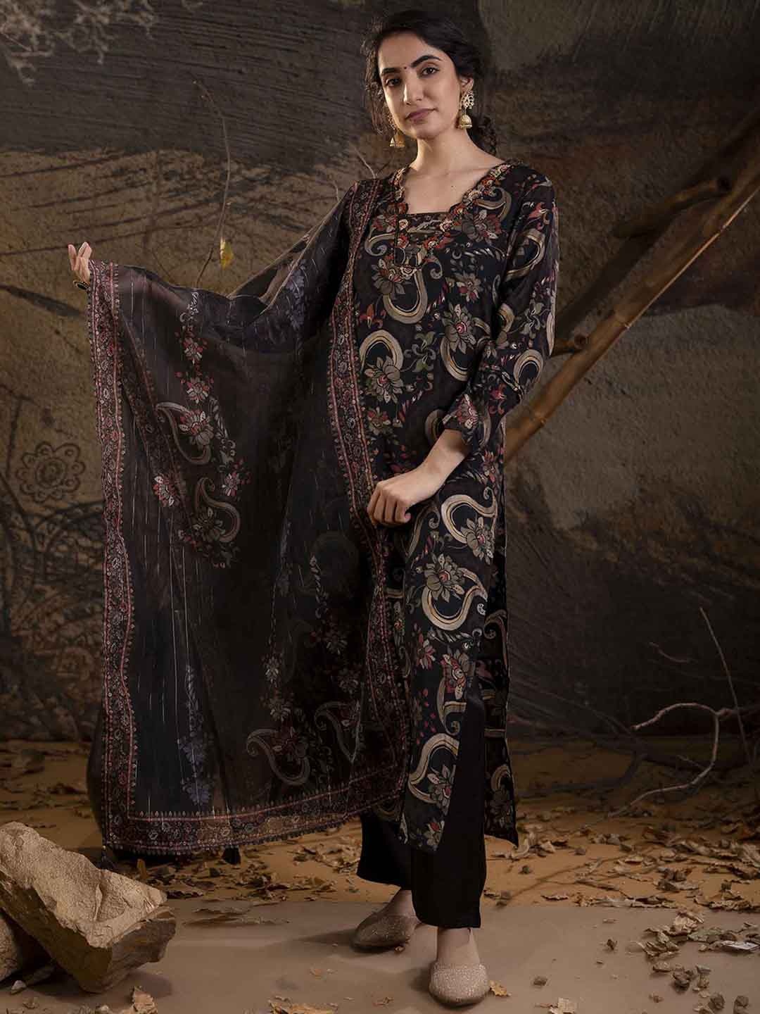 

Nehamta Paisley Printed Regular Sequinned Kurta With Trousers & Dupatta, Black