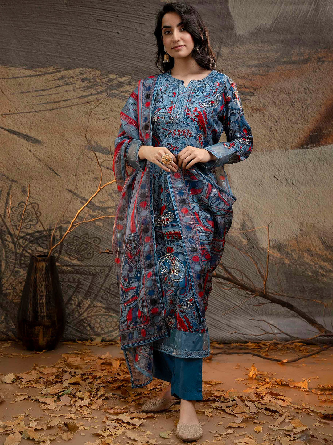 

Nehamta Paisley Printed Thread Work Straight Kurta & Trousers With Dupatta, Blue