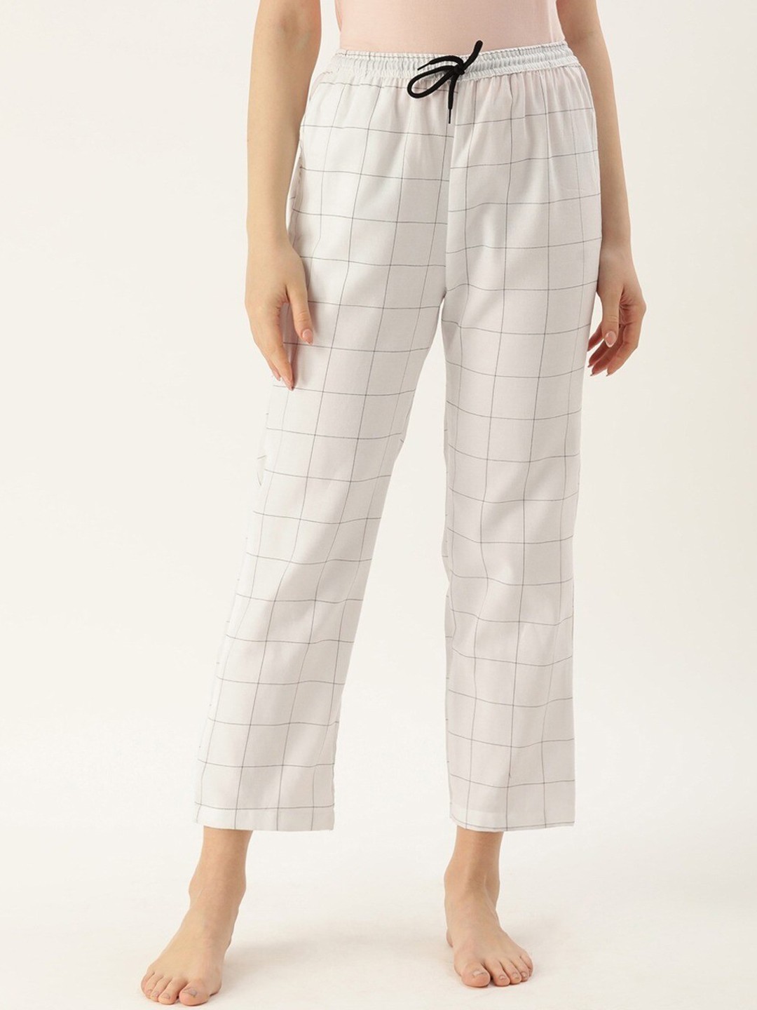

Kryptic Women Checked Mid-Rise Pure Cotton Lounge Pants, White