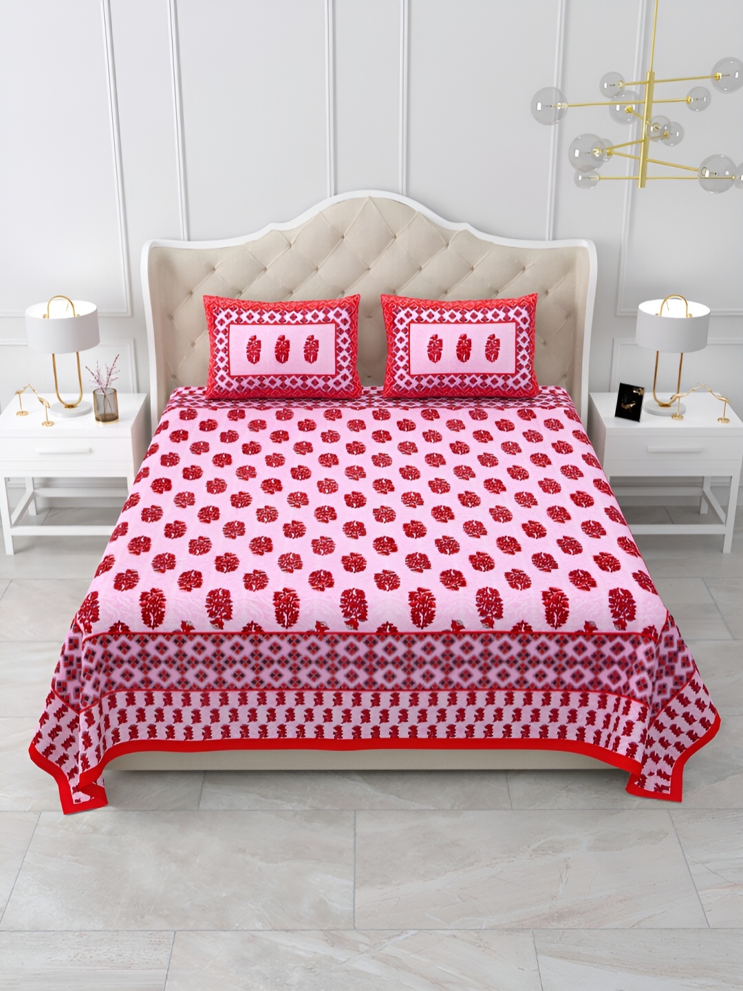 

DOLLIFI Red Floral Printed Cotton 180 TC Queen Bedsheet with 2 Pillow Covers