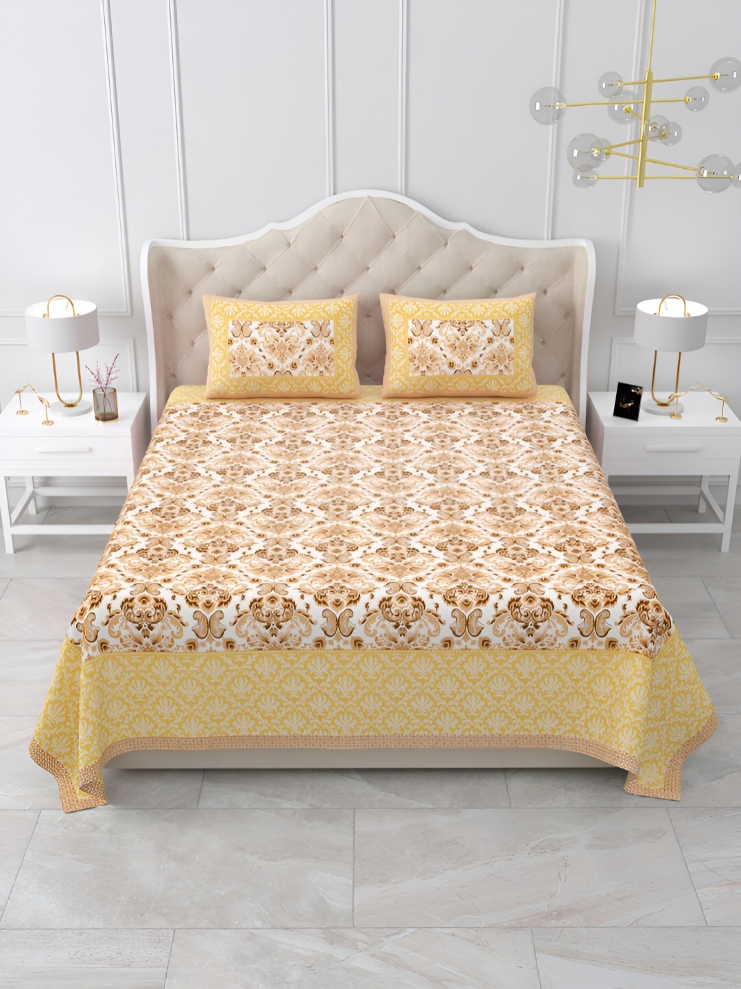 

DOLLIFI Yellow Floral Printed Cotton 180 TC Queen Bedsheet with 2 Pillow Covers