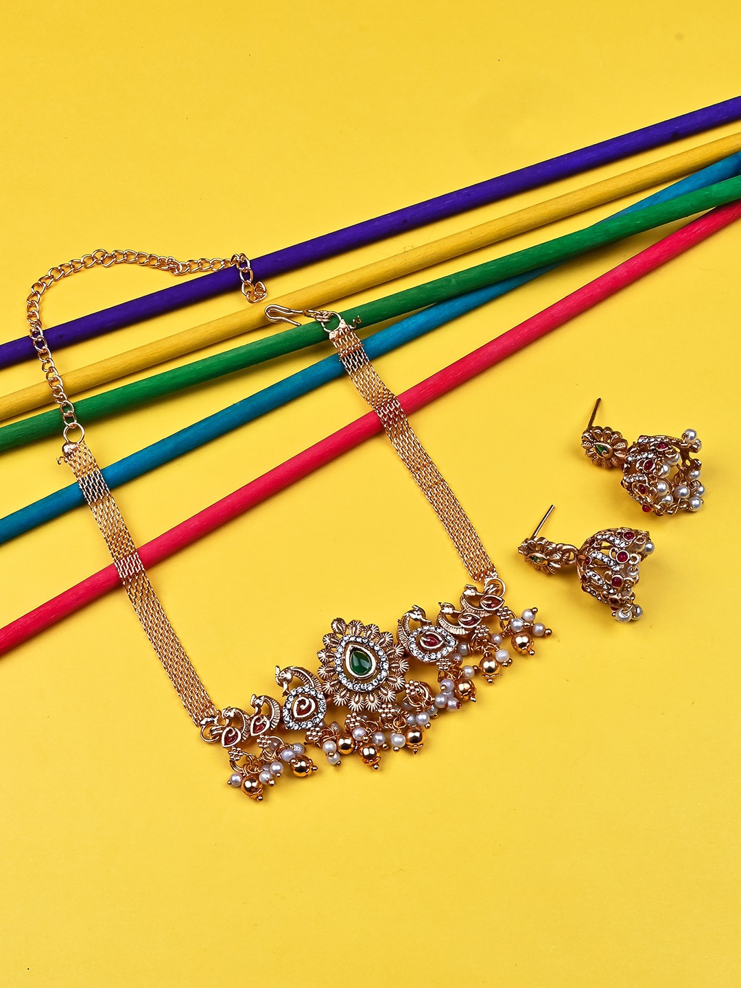 

StileAdda Gold-Plated Stone-Studded & Beaded Temple Jewellery Set