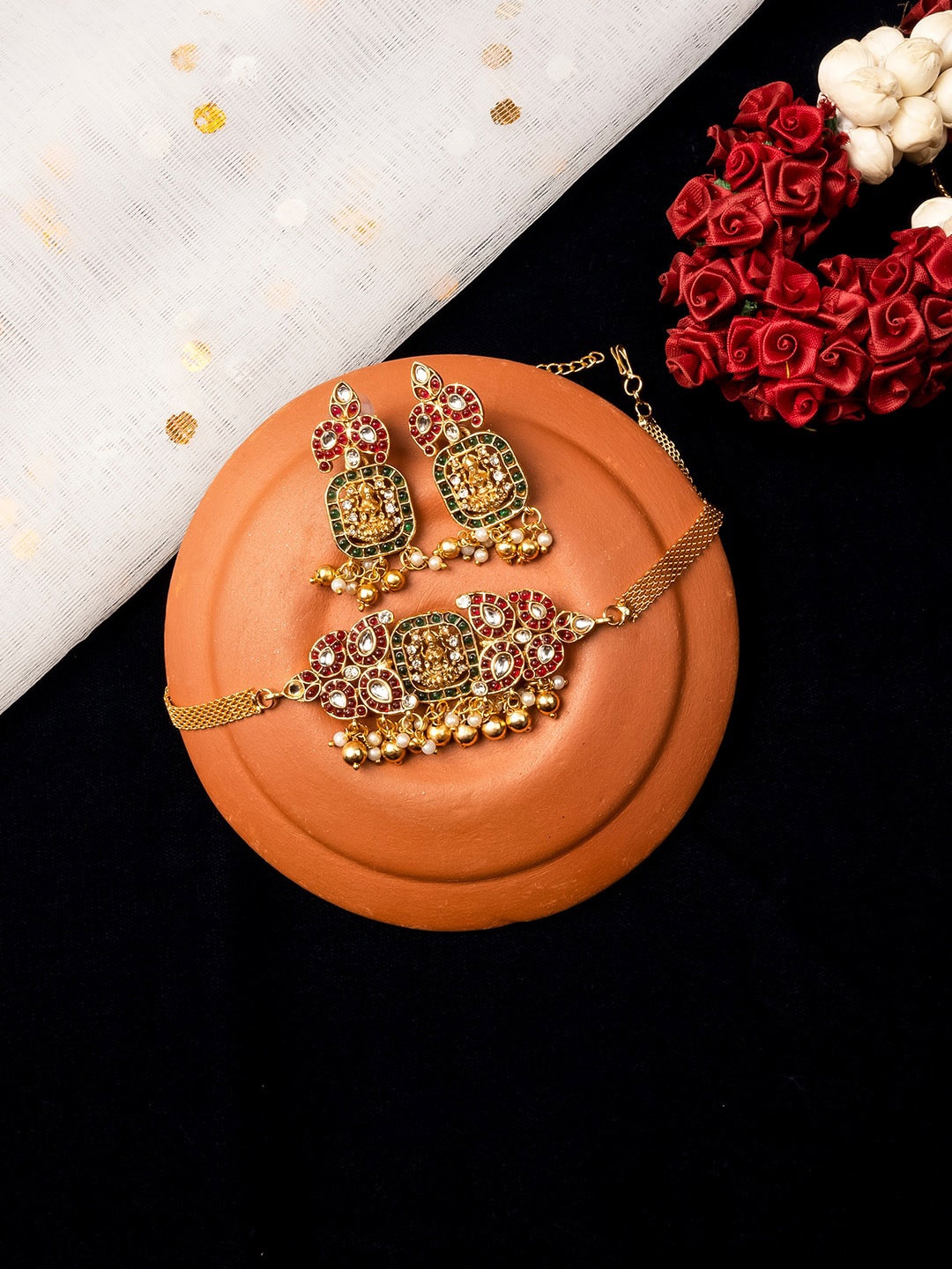 

StileAdda Gold-Plated Stone Studded Temple Jewellery Set