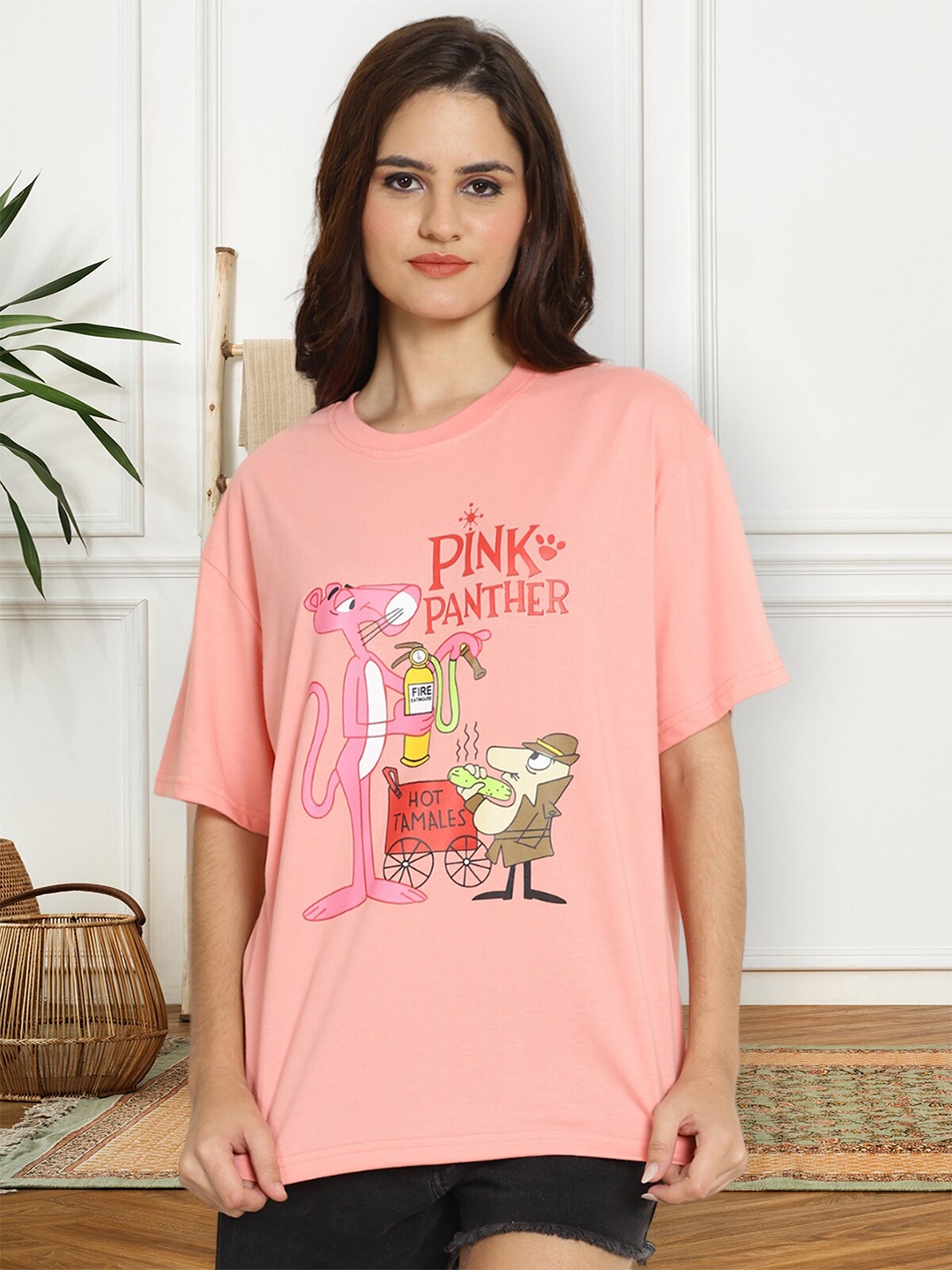 

BAESD The Pink Panther Printed Round Neck Short Sleeves Cotton Oversized T-shirt