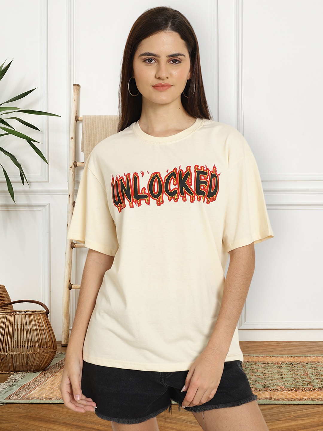 BAESD Graphic Printed Round Neck Drop-Shoulder Sleeves Cotton Oversized T-shirt, Cream