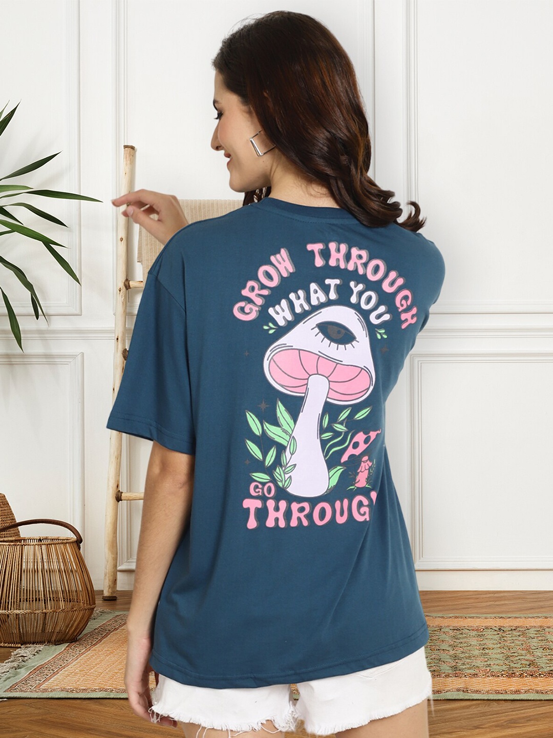BAESD Graphic Printed Round Neck Oversized Cotton T-shirt, Blue