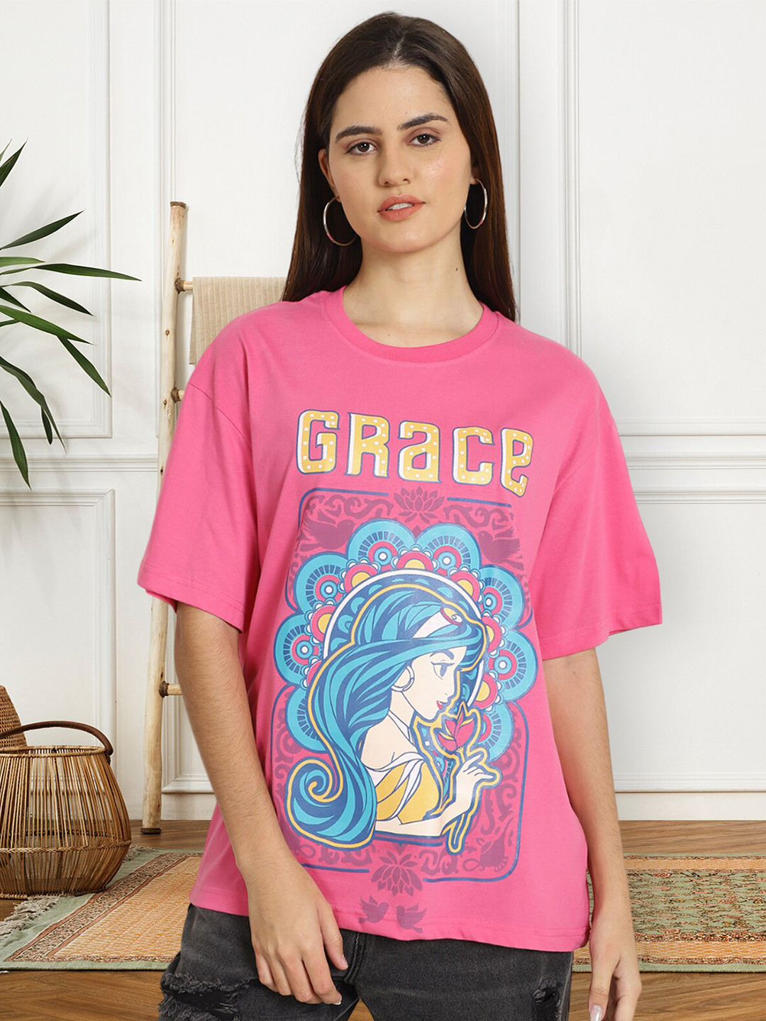 

BAESD Graphic Printed Round Neck Short Sleeves Cotton Oversized T-shirt, Pink