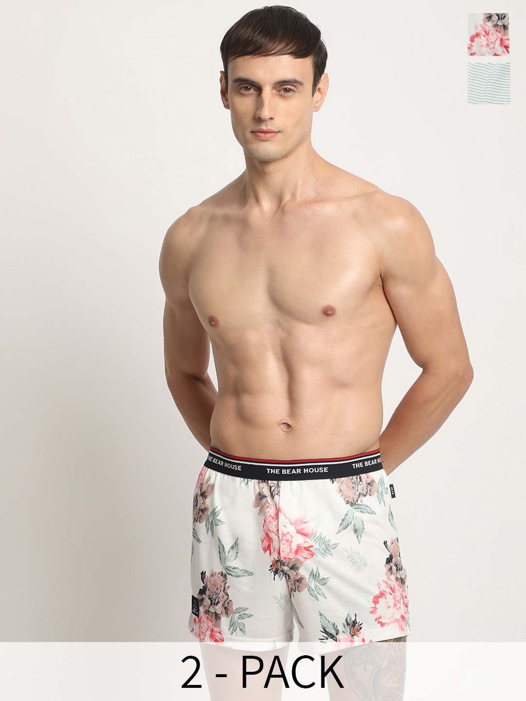

THE BEAR HOUSE Set of 2 Printed Cotton Boxers BOX-ROSAN-MC-Multi, White