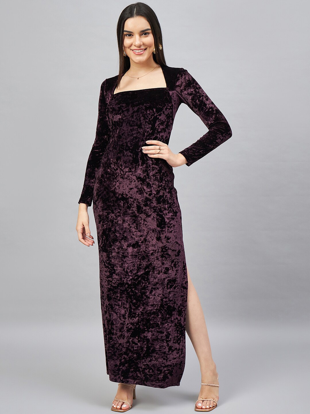 

Orchid Blues Square Neck Velvet Maxi Dress, Purple