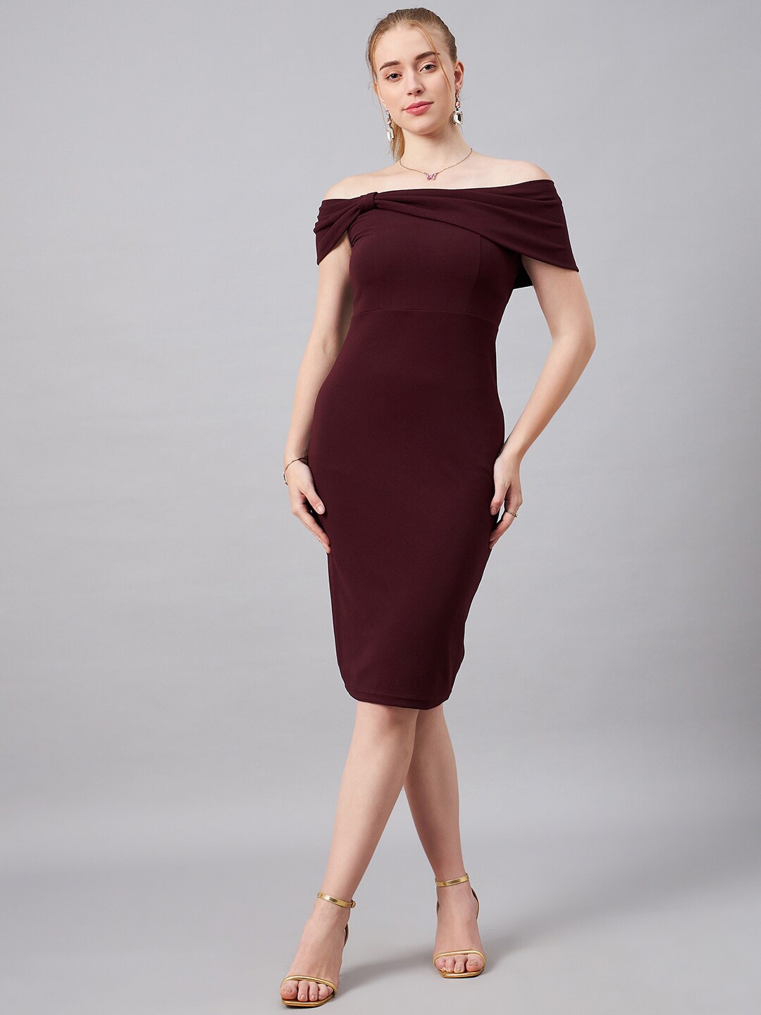 

Orchid Blues Off-Shoulder Bodycon Dress, Maroon