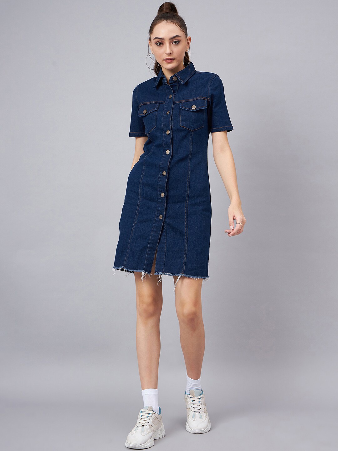 

Orchid Blues Short Sleeves Cotton Denim Shirt Dress, Navy blue