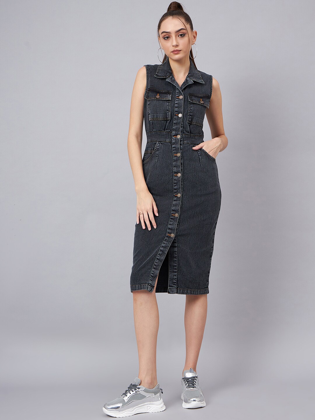 

Orchid Blues Sleeveless Cotton Denim Shirt Midi Dress, Black