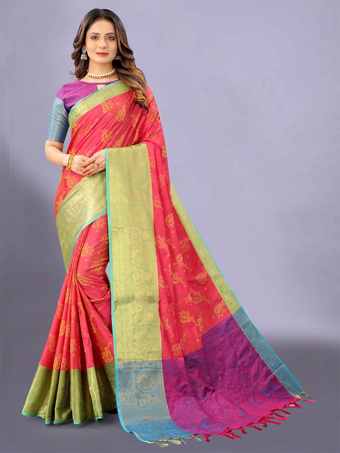 

ESCORA Ethnic Motifs Woven Design Zari Banarasi Saree, Pink