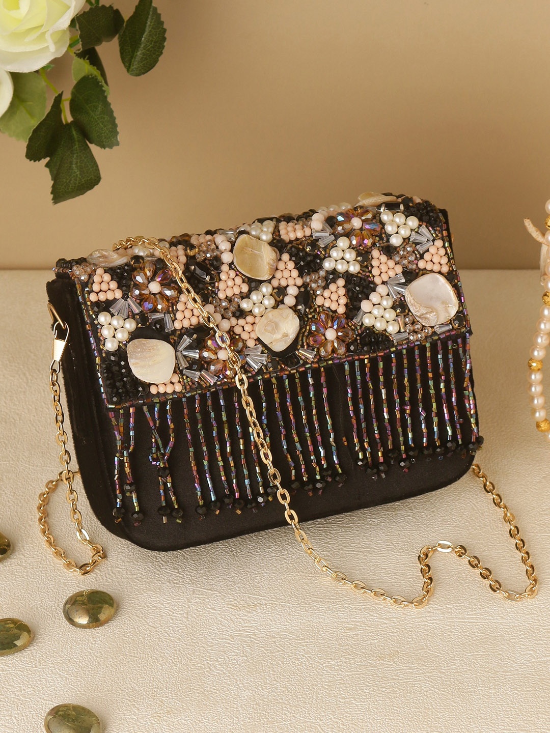 

Swisni Embellished Structured Sling Bag, Black