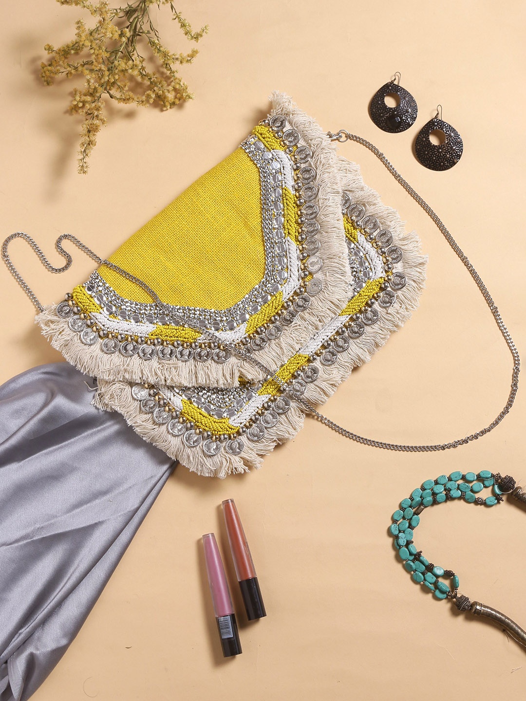 

Swisni Embellished Fringed Foldover Clutch, Yellow