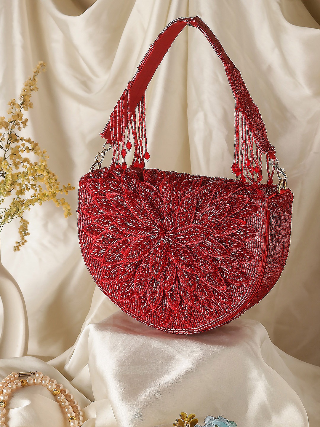 

Swisni Embellished Structured Handheld Bag Bag With Fringed, Red